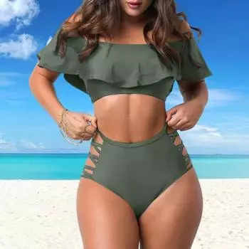 2 шт./компл., сексуальный комплект бикини с открытыми плечами, бюстгальтер-бандо с рюшами и отделкой, высокая талия, ажурные плавки, комплект, купальник пуш-ап S белый