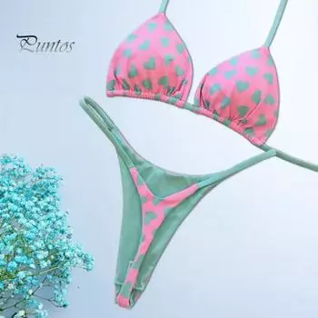 2 шт./компл. сексуальный женский комплект бикини с принтом сердца, бюстгальтер с лямкой на шее, комплект стрингов на шнуровке, быстросохнущий купальный костюм, летняя пляжная одежда S розовый