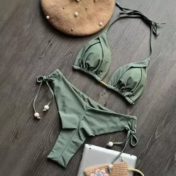 2 шт./компл., сексуальный женский комплект бикини, однотонный бюстгальтер с лямкой на шее, трусы на шнуровке с высокой талией, комплект пуш-ап, купальник, быстросохнущая пляжная одежда L зелёный