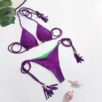 2 шт./компл., сексуальный женский комплект бикини с кисточками, двусторонний контрастный цветной бюстгальтер с лямкой на шее, трусы на шнуровке с высокой талией, комплект летней пляжной одежды M синий