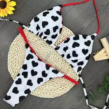 2 шт./компл. сексуальный женский комплект бикини с принтом сердца, бюстгальтер с лямкой на шнуровке, комплект стрингов на шнуровке, быстросохнущий купальный костюм, пляжная одежда S чёрный