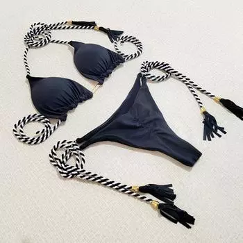 2 шт./компл., сексуальный женский комплект бикини с кисточками, двухсторонний контрастный цветной бюстгальтер с лямкой на шее, высокая талия на шнуровке S синий