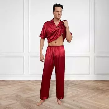 2 шт./компл. шелковый атласный мужской пижамный комплект с воротником-стойкой на пуговицах, верх пижамы с нагрудным карманом, эластичный пояс, комплект одежды для сна S вино красного