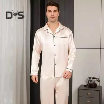 2 шт./компл. Шелковый атласный мужской пижамный комплект с пуговицами, длинными рукавами, верхом из пижамы с воротником-стойкой, пуговицами спереди, нагрудным карманом, длинными штанами, одежда для сна M