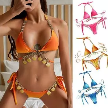 2 шт./компл. шикарный женский купальник с подвесками, летний сексуальный беспроводной комплект бикини для плавания M синий