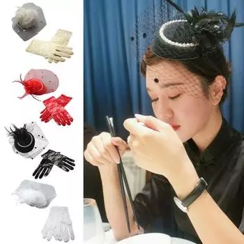 2 шт./компл. шляпа-шапка-вуаль, головной убор, кружевные перчатки, набор, сетка, перья, декор для коктейля и чаепития, женский головной убор красный
