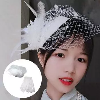2 шт./компл. шляпа-шапка-вуаль, головной убор, кружевные перчатки, набор, сетка, перья, декор для коктейля и чаепития, женский головной убор красный
