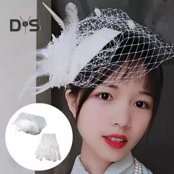 2 шт./компл. шляпа-шапка-вуаль, головной убор, кружевные перчатки, набор, сетка, перья, декор для коктейля и чаепития, женский головной убор красный
