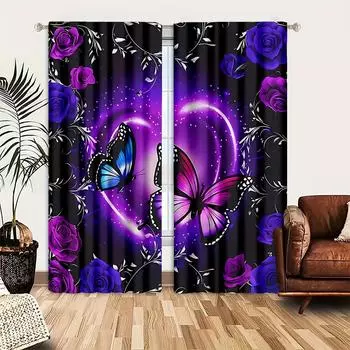 2 шт./компл. шторы с узором бабочки легкие и воздушные для уютной спальни, шикарного офиса, стильной кухни, уютной гостиной и безмятежного кабинета 60x150cm(2Pcs) фиолетовый