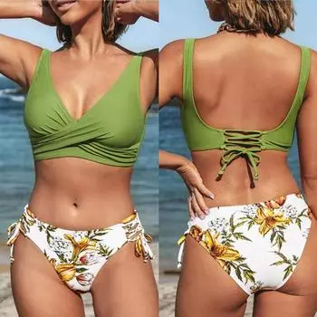 2 шт./компл. сплит-бикини с цветочным принтом, бандажные купальники на шнуровке, сексуальные купальники без рукавов для плавания XL оранжевый