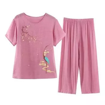 2 шт./компл. среднего возраста, эластичный пояс с принтом, комплект с круглым вырезом, женские пижамы с короткими рукавами, плиссированные, свободные 4XL розовый