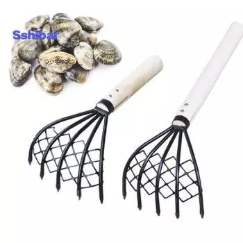 2 шт./компл., стальные грабли-моллюски с деревянной ручкой, сетчатый карман, ракушка для морепродуктов, инструмент для экскаватора, грабли-моллюски, пляжные аксессуары для зажима чёрный