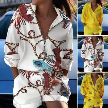 2 шт./компл., стильная рубашка для взрослых, шорты, костюм, повседневная женская одежда, свободная женская футболка с принтом перьев, топ, брюки, комплект брюк 4XL