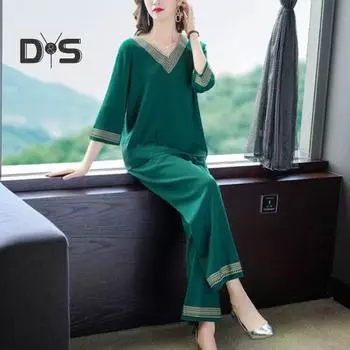 2 шт./компл. стильный костюм с v-образным вырезом, удобный модный повседневный минималистичный костюм для матерей среднего возраста XL темно-зеленого