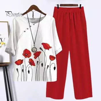 2 шт./компл. стильный свободный летний топ и брюки с круглым вырезом, костюм, длинные брюки, женский топ, комплект брюк, женская одежда 2XL красный