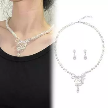 2 шт./компл., свадебный комплект ювелирных изделий со стразами, имитацией жемчуга, регулируемый цветок, ожерелье, серьги-подвески серебряный