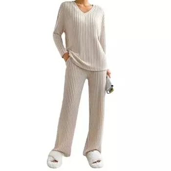 2 шт./компл., свитер, брюки, костюм, нить, V-образный вырез, сплошной цвет, вязаные свободные карманы, эластичная талия, повседневная мягкая домашняя одежда с широкими штанинами, осенне-зимний пижамный комплект S абрикосовый