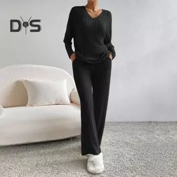 2 шт./компл., свитер, брюки, костюм, нить, V-образный вырез, сплошной цвет, вязаные свободные карманы, эластичная талия, повседневная мягкая домашняя одежда с широкими штанинами, осенне-зимний пижамный комплект L синий