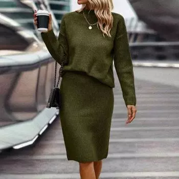 2 шт./компл., свитер, юбка, костюм, вязаный толстый, теплый, мягкий, однотонный, с длинным рукавом, с воротником до половины высоты, морозостойкий, с разрезом по низу, эластичный, повседневный, для поездок на работу до колена XL синий