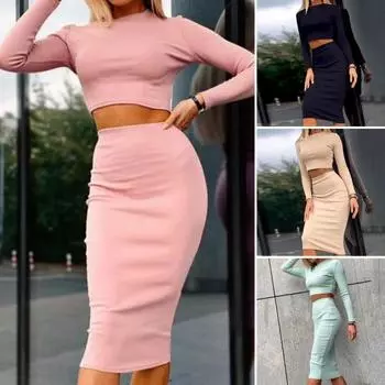 2 шт./компл., топ, юбка, костюм с открытой талией, эластичный пояс, однотонный, с длинными рукавами, узкий пуловер с круглым вырезом, эластичный S розовый