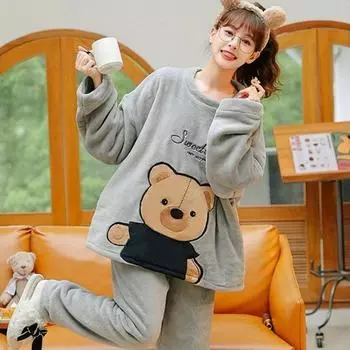 2 шт./компл. утолщенная теплая модная осенне-зимняя пижама с длинными рукавами женская коралловая бархатная милая мультяшная гризли медведь удобная XXL