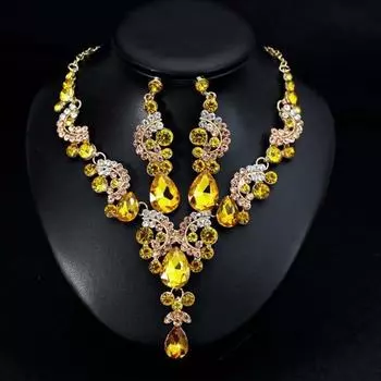 2 шт./компл. ювелирные изделия с бриллиантами, роскошные полные хрустальные каменные полукруги, очаровательные свадебные серьги-гвоздики, ожерелье жёлтый