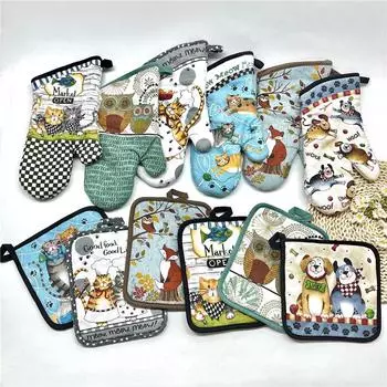 2 шт./компл. Винтажная цветная напечатанная хлопковая термостойкая салфетка для стола с прихватками для духовки, кухонный инструмент для выпечки 1xMat 1xGlove