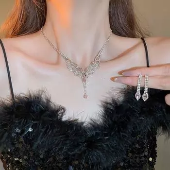 2 шт./компл. Высококачественные серьги-кисточки со стразами, ожерелье с V-образной ключичной цепочкой для женщин style 2