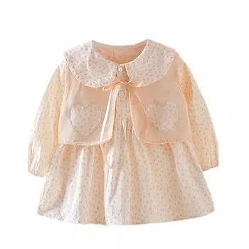 2 шт./компл., весенне-осеннее платье с цветочным принтом для маленьких девочек, пышные рукава, цветочные платья, плиссированное платье с воротником Питера Пэна и кардиган без рукавов 110