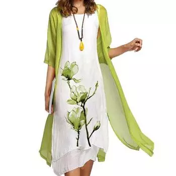 2 шт./компл., весенне-осеннее женское платье-жилет с неровным подолом в стиле ретро, с цветочным принтом, однотонное пальто с короткими рукавами, элегантный наряд M зелёный