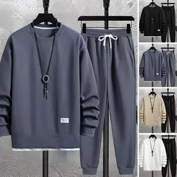 2 шт./компл., весенне-осенний мужской повседневный спортивный костюм с вафельной текстурой и круглым вырезом с длинным рукавом, искусственная толстовка из двух предметов, комплект спортивных штанов с эластичной резинкой на талии L белый