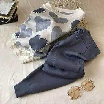 2 шт./компл., весенний женский свитер, брюки, пуловер с сердечками и бусинами, топ, брюки с круглым вырезом, вязаный наряд из двух предметов L синий