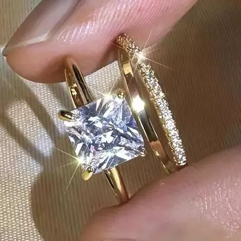 2 шт./компл. винтажный женский золотой цвет квадратной огранки с белым камнем CZ набор колец обручальное кольцо набор невесты обручальные кольца для женщин 5 золотой