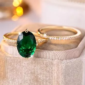 2 шт./компл., винтажный женский золотой цвет, овальной огранки, зеленый камень, набор колец с фианитом, набор обручальных колец, обручальные кольца невесты для женщин 5 зелёный