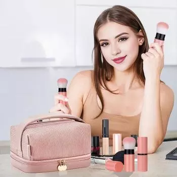 2 шт./компл., выдвижная кисточка для макияжа, портативная многофункциональная дорожная основа Кабуки, тональный крем для контура, рассыпчатая пудра, тени для век, румяна, солнцезащитный крем, косметическая кисточка розовый