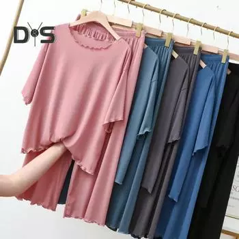 2 шт./компл., женская блузка, брюки, комплект с круглым вырезом, короткими рукавами, топ с присборенными краями, широкие брюки, свободные тонкие брюки с эластичной резинкой на талии, повседневная домашняя одежда, пижамы XL темно-синий