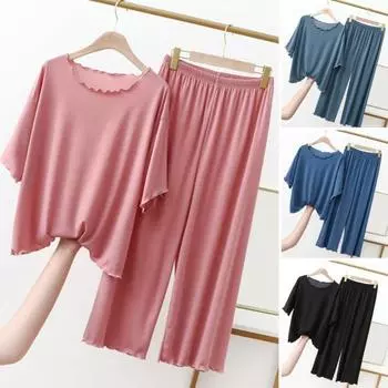 2 шт./компл. женская блузка и брюки комплект с круглым вырезом и короткими рукавами топ с присборенными краями широкие брюки с тонкой эластичной резинкой на талии повседневные брюки XL темно-синий