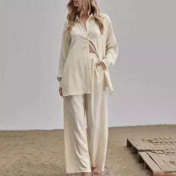 2 шт./компл., женская блузка, комплект брюк, однотонный однобортный отложной воротник, повседневные летние топы с длинными рукавами, брюки, костюм, женская одежда