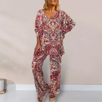 2 шт./компл. женская домашняя одежда с длинным рукавом универсальная дышащая модная женская богемная мешковатая одежда для дома с принтом уличная одежда XL зелёный