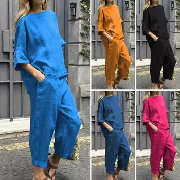 2 шт./компл., женская футболка, брюки, комплект с рукавами три четверти, круглым вырезом, свободный верх, эластичная талия, боковые карманы, брюки, повседневная одежда больших размеров, повседневная одежда M розы красного