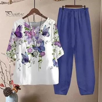 2 шт./компл., женская футболка, брюки, комплект домашней одежды, наряд с цветочным принтом, круглый вырез, топ с короткими рукавами, широкие эластичные свободные брюки, пижамы, одежда для сна M синий