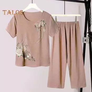 2 шт./компл., женская футболка, брюки, комплект домашней одежды, однотонный цветочный принт, круглый вырез с коротким рукавом, топ с широкими штанинами и эластичной резинкой на талии, свободные брюки, пижамы XL розовый