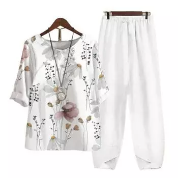 2 шт./компл., женская футболка, брюки, комплект с цветочным принтом, эластичная талия, половина рукава, круглая шея, широкие штаны, повседневная одежда 2XL серый