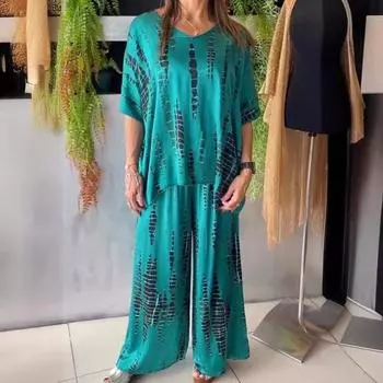 2 шт./компл., женская футболка, брюки, комплект с коротким рукавом, круглым вырезом, свободный верх с принтом, эластичная талия, боковые карманы, брюки, повседневная спортивная одежда, повседневная одежда M хаки