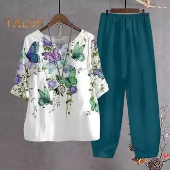 2 шт./компл., женская футболка, брюки, комплект домашней одежды, наряд с цветочным принтом, круглый вырез, топ с короткими рукавами, широкие эластичные свободные брюки, пижамы, одежда для сна M синий