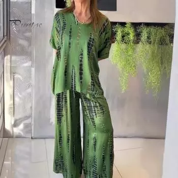 2 шт./компл., женская футболка, брюки, комплект с коротким рукавом, круглым вырезом, свободный верх с принтом, эластичная талия, боковые карманы, брюки, повседневная спортивная одежда, повседневная одежда M хаки