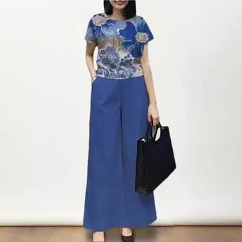 2 шт./компл., женская футболка, брюки, комплект с цветочным принтом, топ с короткими рукавами и круглым вырезом, большие размеры, широкие штанины, высокая эластичная талия, свободный формальный повседневный комплект L синий