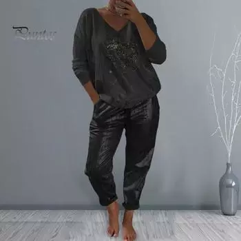 2 шт./компл., женская футболка, брюки, комплект с длинными рукавами, бронзовый, свободный, глянцевый верх, эластичный пояс, боковые карманы, брюки, повседневная спортивная одежда, повседневная одежда M розы красного