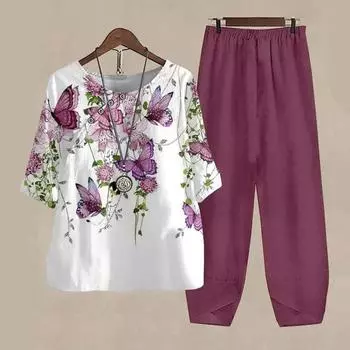 2 шт./компл., женская футболка, брюки, комплект домашней одежды, наряд с цветочным принтом, круглый вырез, топ с короткими рукавами, широкие эластичные свободные брюки, пижамы, одежда для сна M коричневый