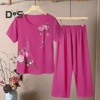 2 шт./компл., женская футболка, брюки, комплект домашней одежды, однотонный цветочный принт, круглый вырез с коротким рукавом, топ с широкими штанинами и эластичной резинкой на талии, свободные брюки, пижамы 2XL розы красного